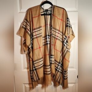 V. Fraas Plaid Fringe Open-Front Shawl Wrap in Camel, Black & Red